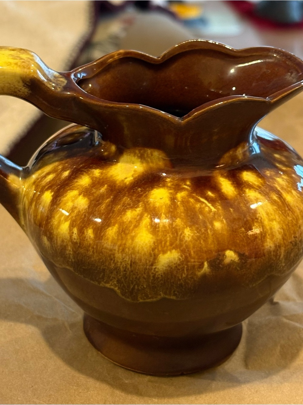 Vintage Brown Drip Glazed Ceramic Pitcher - Yellow Accents